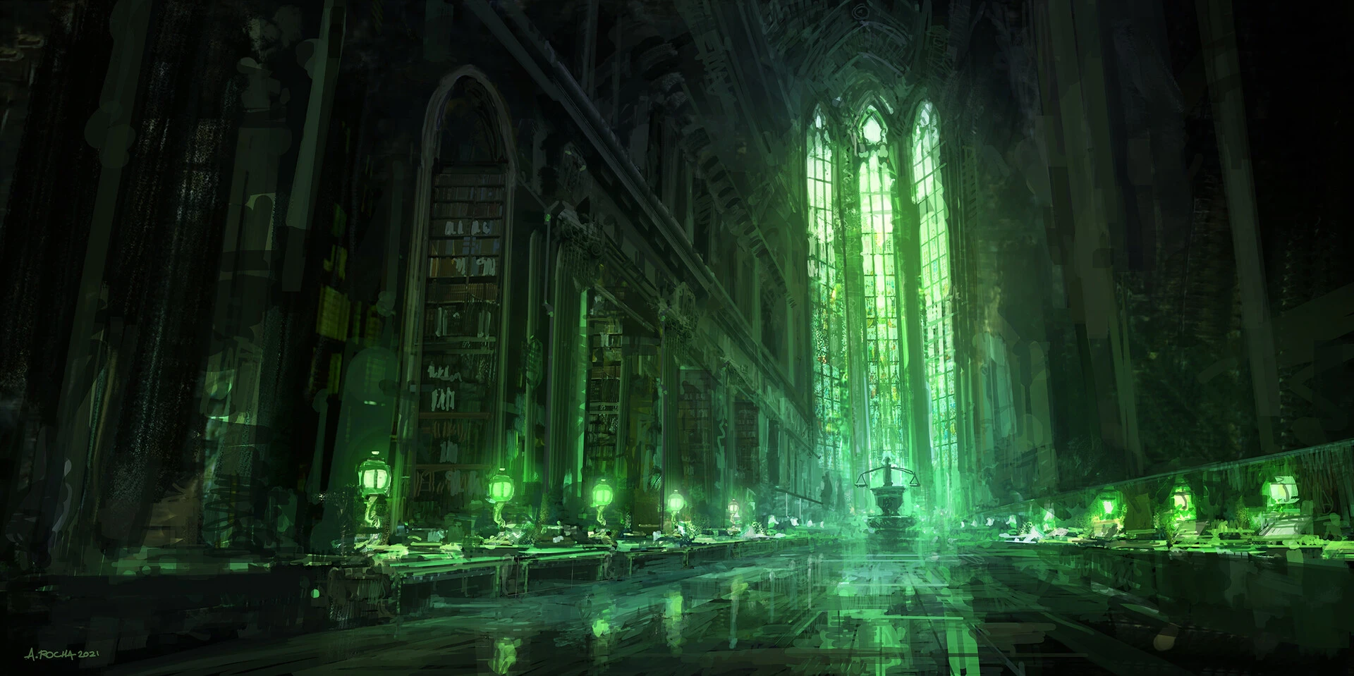 Interior de uma catedral gótica banhada por luz verde de vitrais altíssimos, com estantes de livros, lanternas acesas e uma balança ao centro