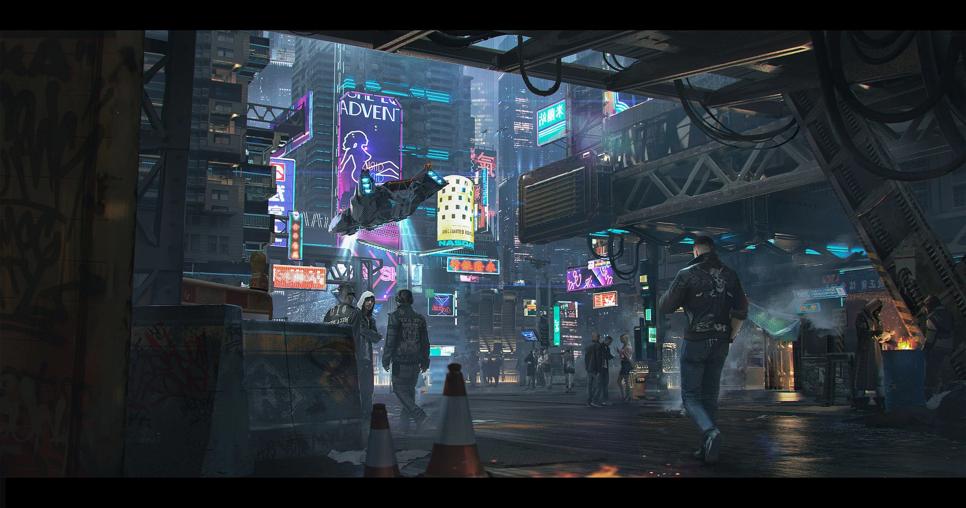 Cena cyberpunk de uma rua urbana à noite iluminada por letreiros de neon, com pedestres, um veículo voador e arranha-céus ao fundo