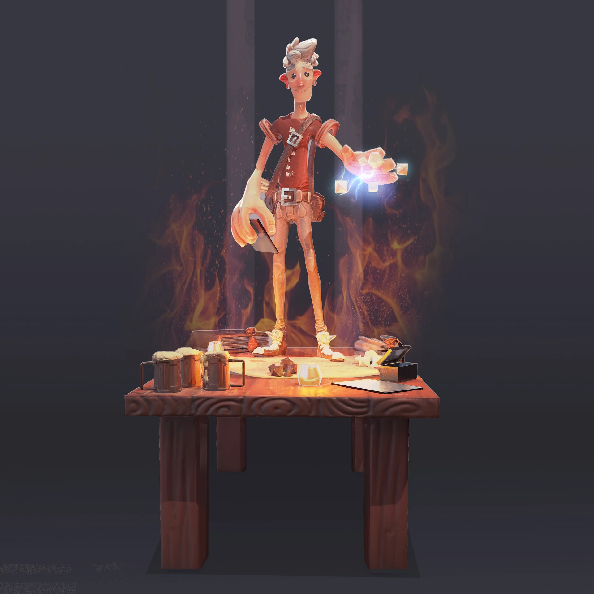 Escultura 3D estilizada de um jogador de RPG de camiseta em pé sobre uma mesa, conjurando dados que flutuam da mão, cercado por canecas, livros e dados sobre a mesa em chamas