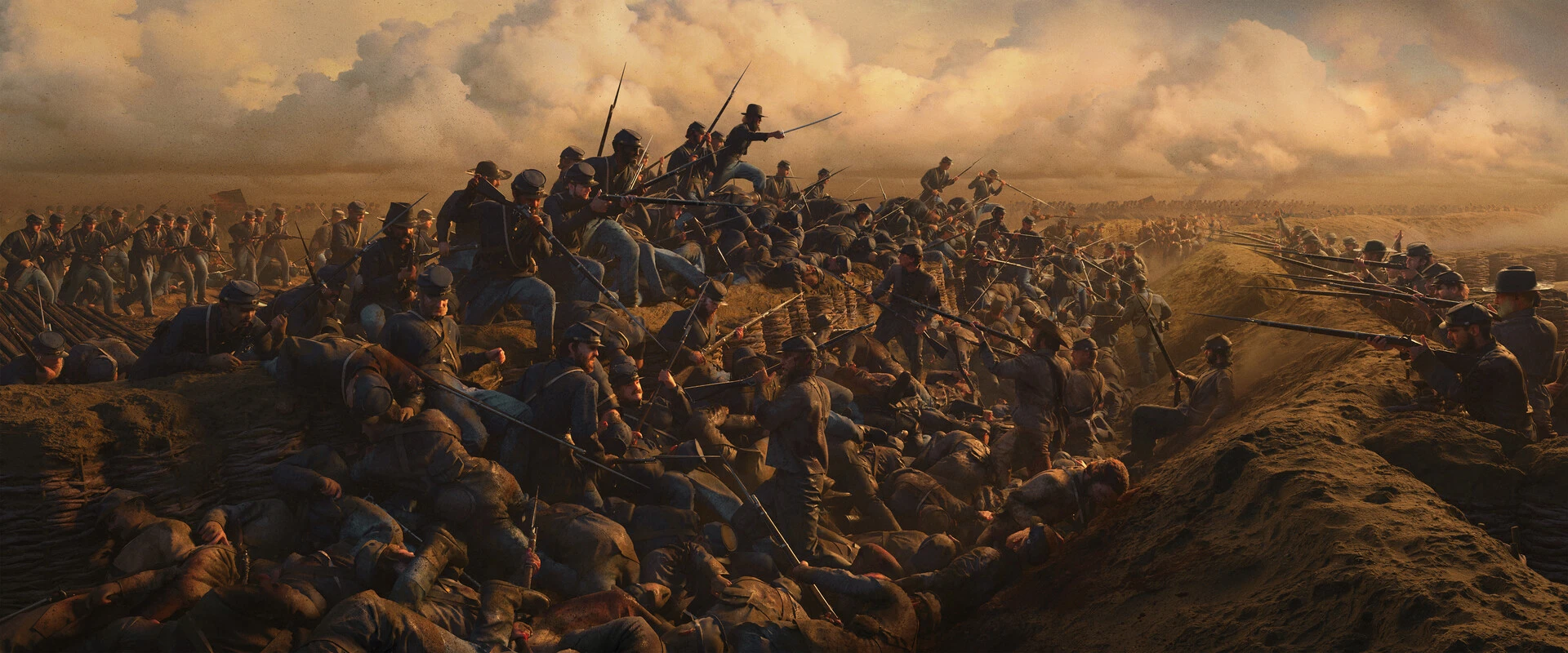 Pintura de uma batalha campal caótica ao entardecer, com dezenas de soldados de baioneta em combate corpo a corpo sobre trincheiras